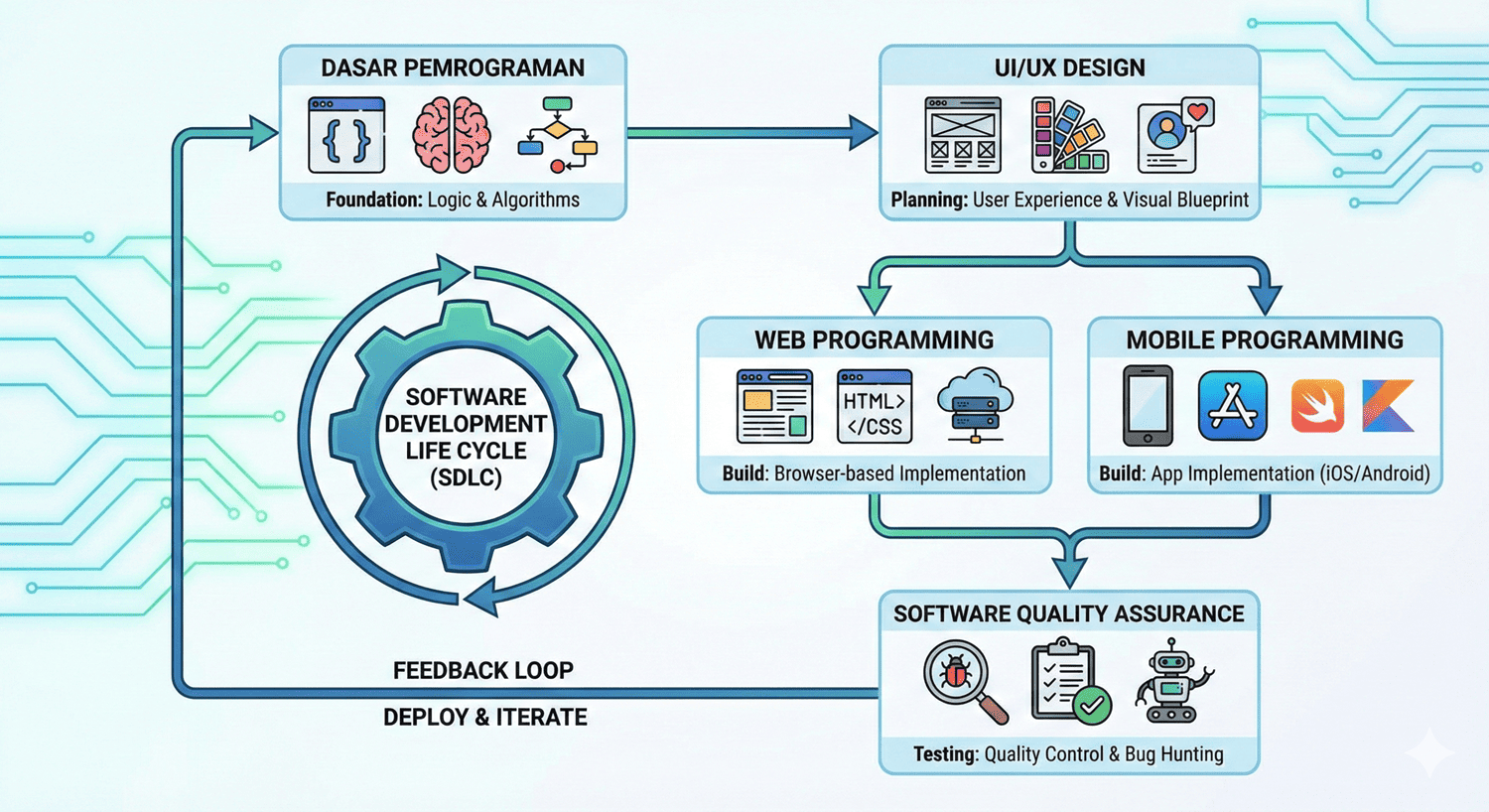 Dasar Pemrograman, UI/UX Design, Web Programming, Mobile Programming dan Software Quality Assurance